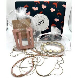 Plunder October Posse Box Jewelry Pink Earrings Gold Bracelet Layered Necklace